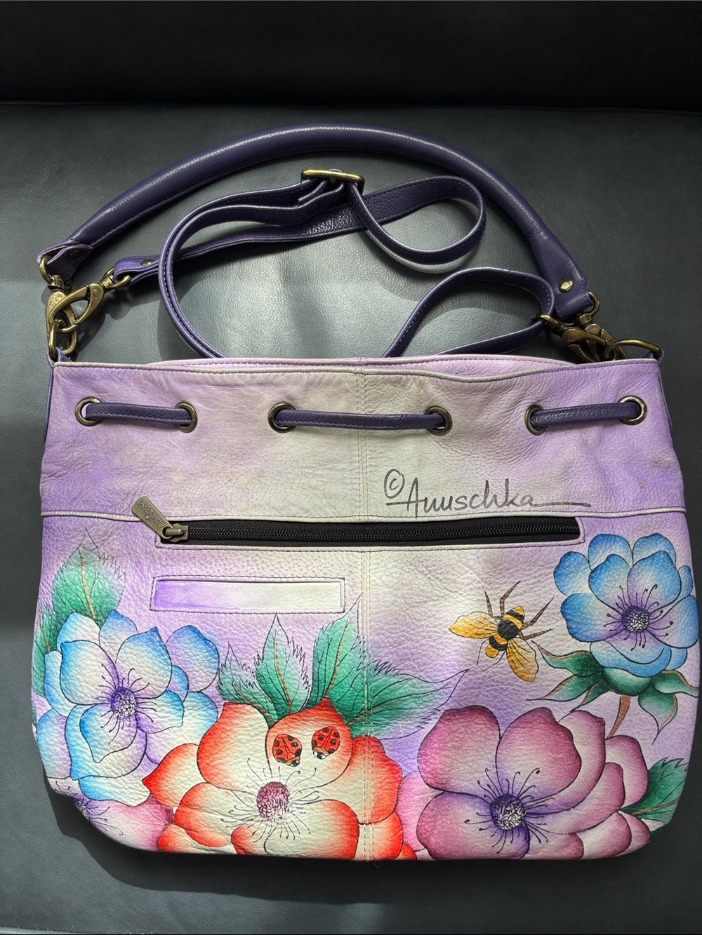 Anuschka Hand-Painted Lavender Floral Leather Shoulder Bag Bees Ladybugs 15x10x5